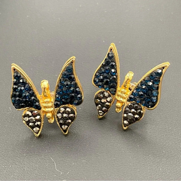 Pave Black and Gunmetal Grey Butterfly Pierced Gold Earrings - Picture 9 of 9